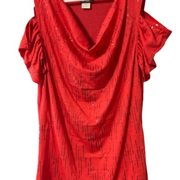 Dots Cold Shoulder Red Blouse Cowl Neck Sequined XL - Picture 1 of 4